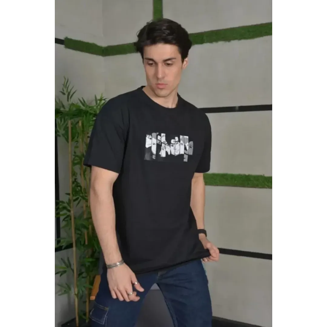 Unisex Bisiklet Yaka Baskılı Oversize T-Shirt - Siyah - 101039 Unisex Bisiklet Yaka Baskılı Oversize T-Shirt - Siyah - 101039