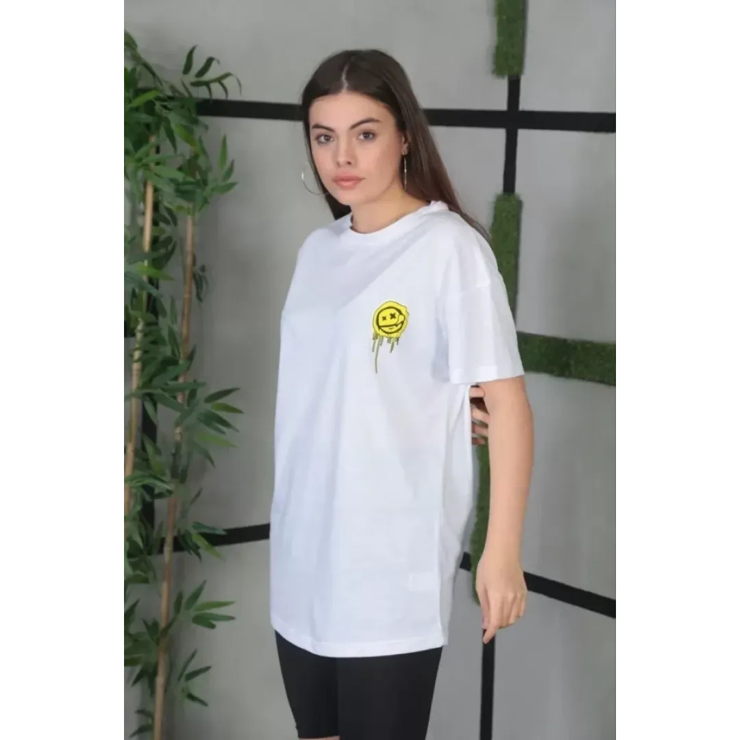 Unisex Bisiklet Yaka Baskılı Oversize T-Shirt - Beyaz - 101258 Unisex Bisiklet Yaka Baskılı Oversize T-Shirt - Beyaz - 101258