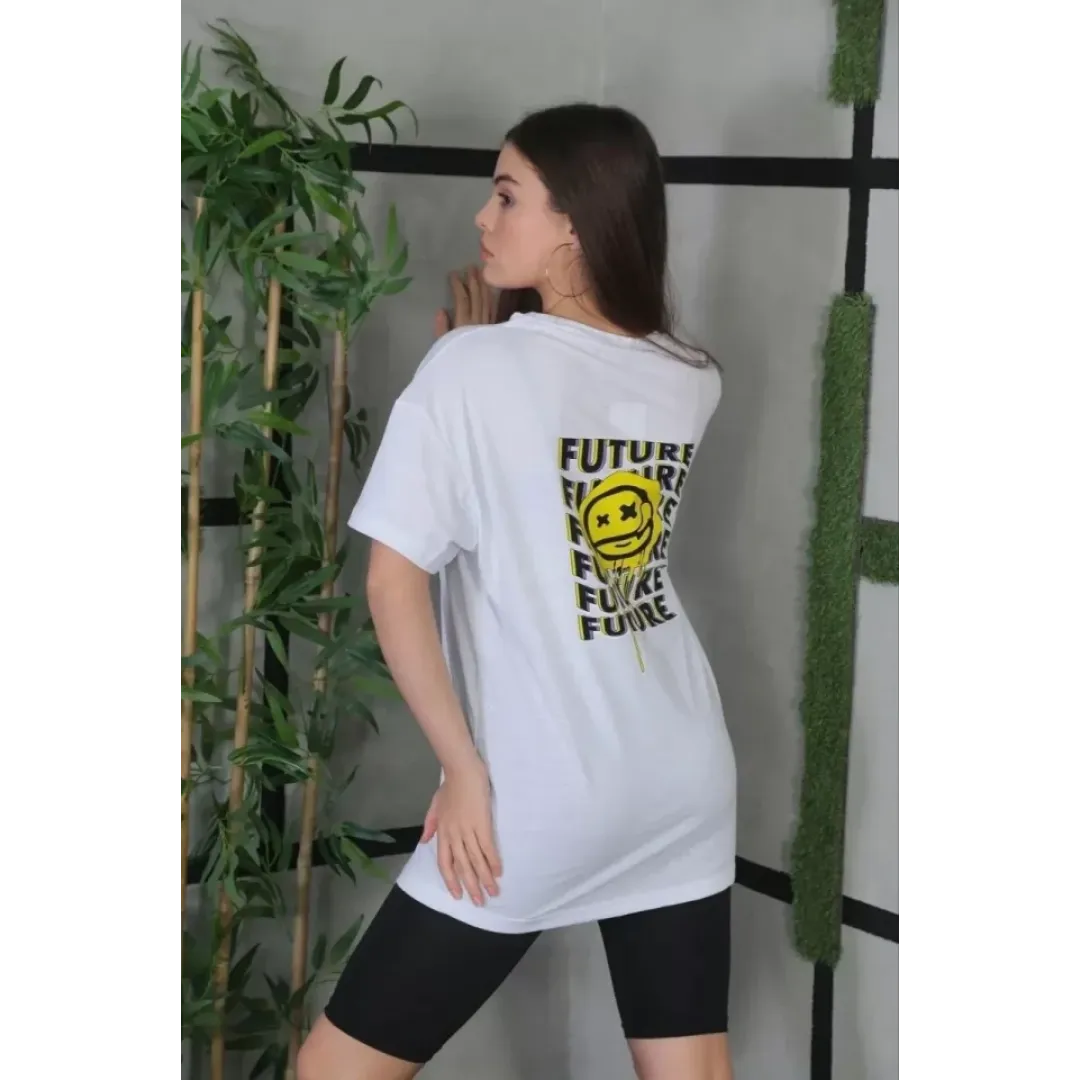 Unisex Bisiklet Yaka Baskılı Oversize T-Shirt - Beyaz - 101258 Unisex Bisiklet Yaka Baskılı Oversize T-Shirt - Beyaz - 101258
