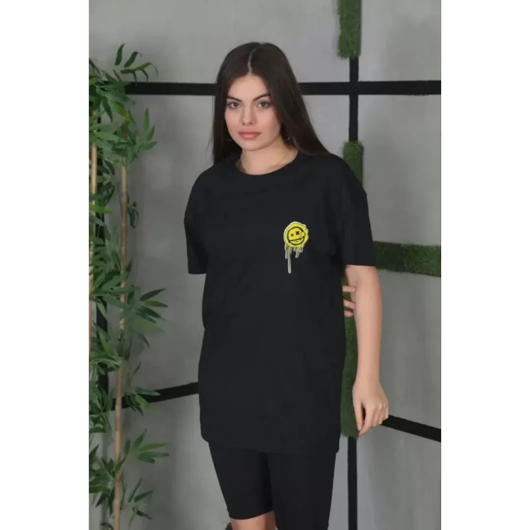 Unisex Bisiklet Yaka Baskılı Oversize T-Shirt - Siyah - 101259 Unisex Bisiklet Yaka Baskılı Oversize T-Shirt - Siyah - 101259