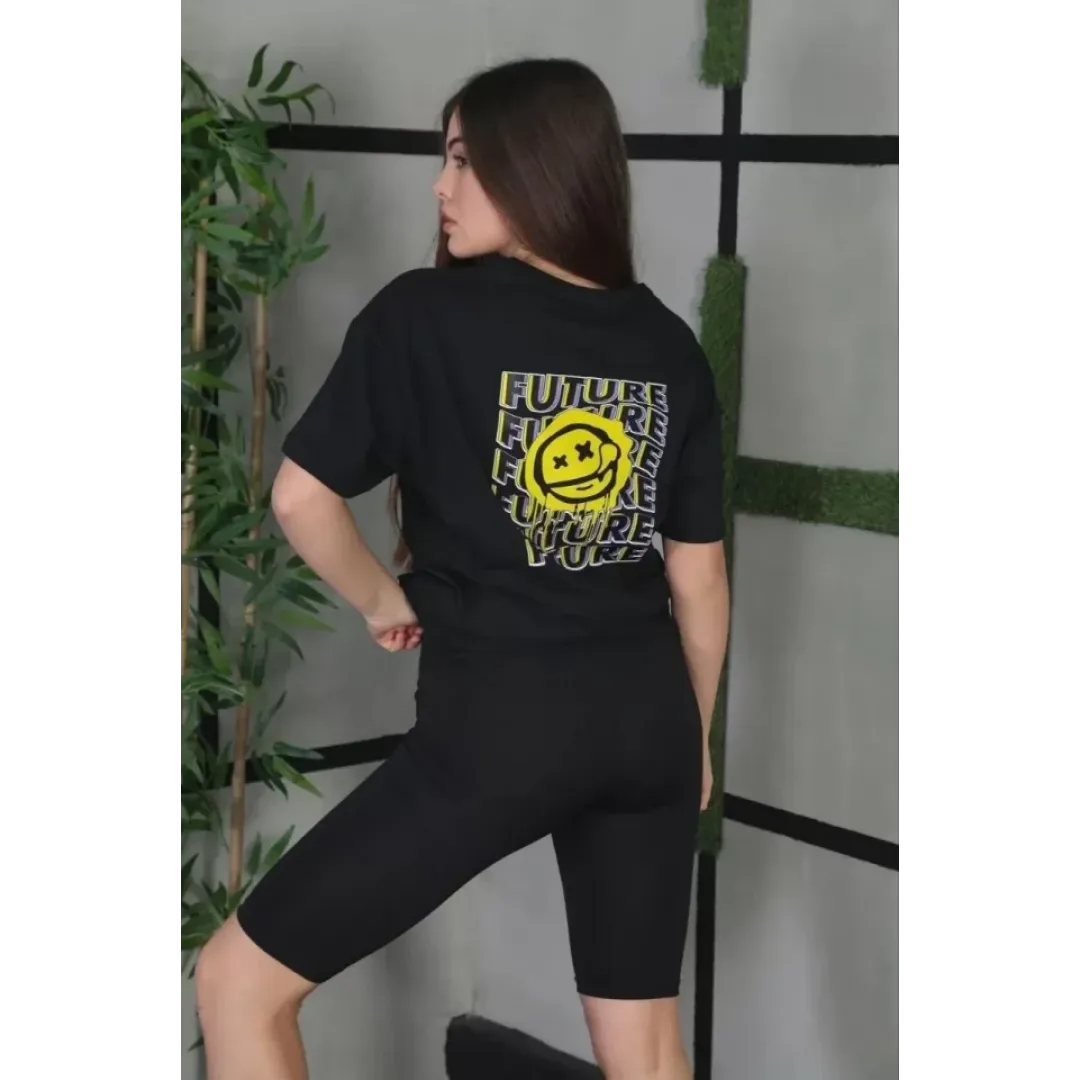 Unisex Bisiklet Yaka Baskılı Oversize T-Shirt - Siyah - 101259 Unisex Bisiklet Yaka Baskılı Oversize T-Shirt - Siyah - 101259