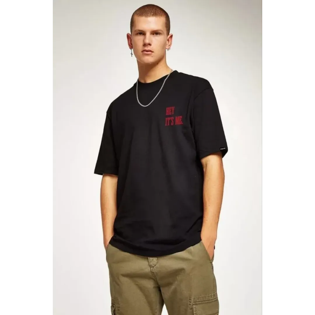 Unisex Bisiklet Yaka Oversize Baskılı T-Shirt - Siyah - 101308 Unisex Bisiklet Yaka Oversize Baskılı T-Shirt - Siyah - 101308