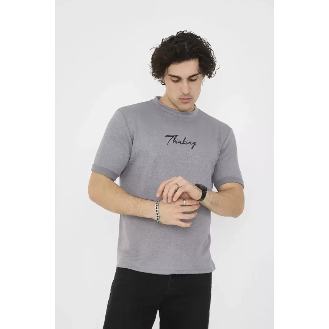 Unisex Bisiklet Yaka Slim Fit T-Shirt- Gri - 101452 Unisex Bisiklet Yaka Slim Fit T-Shirt- Gri - 101452