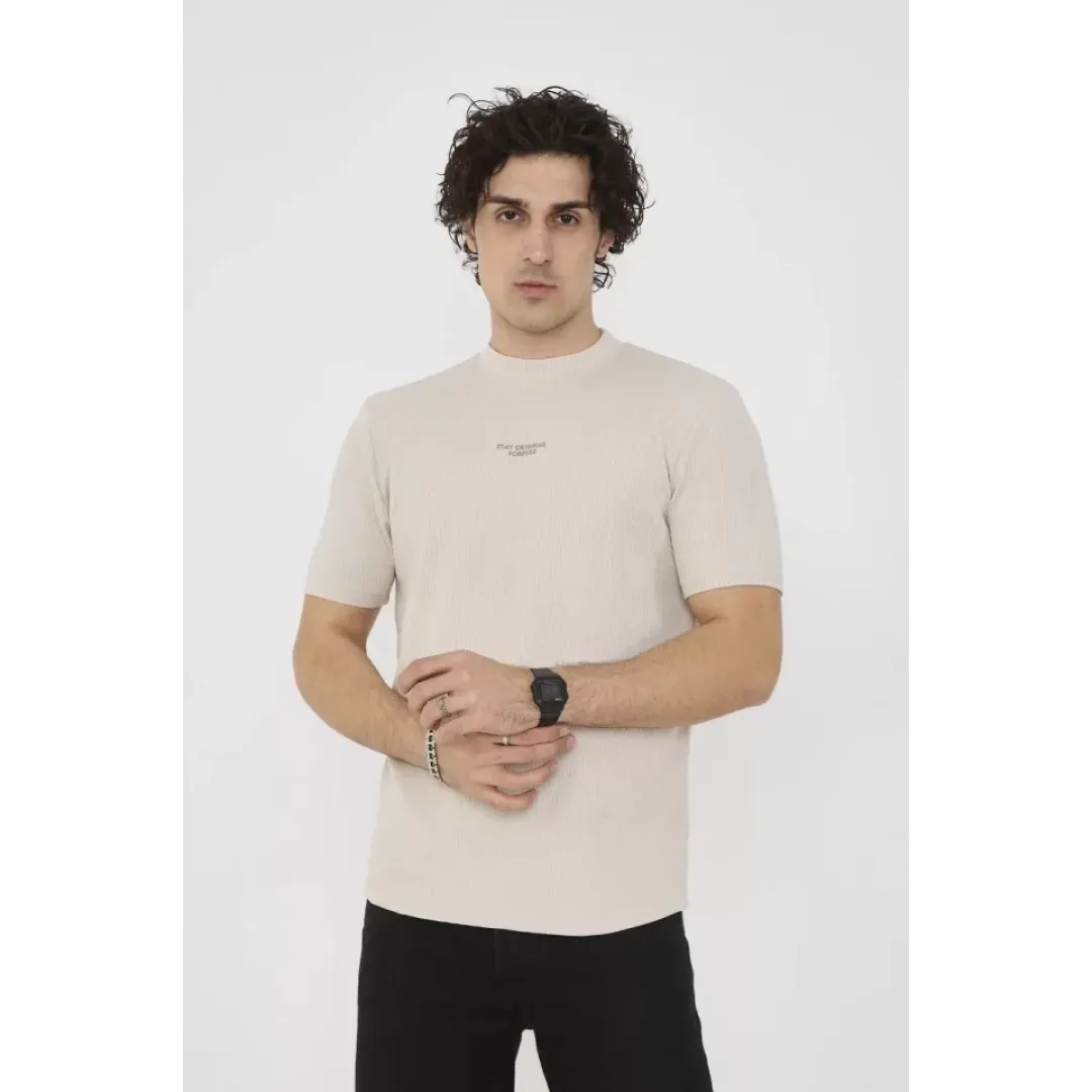 Unisex Bisiklet Yaka Slim Fit T-Shirt- Bej - 101464 Unisex Bisiklet Yaka Slim Fit T-Shirt- Bej - 101464