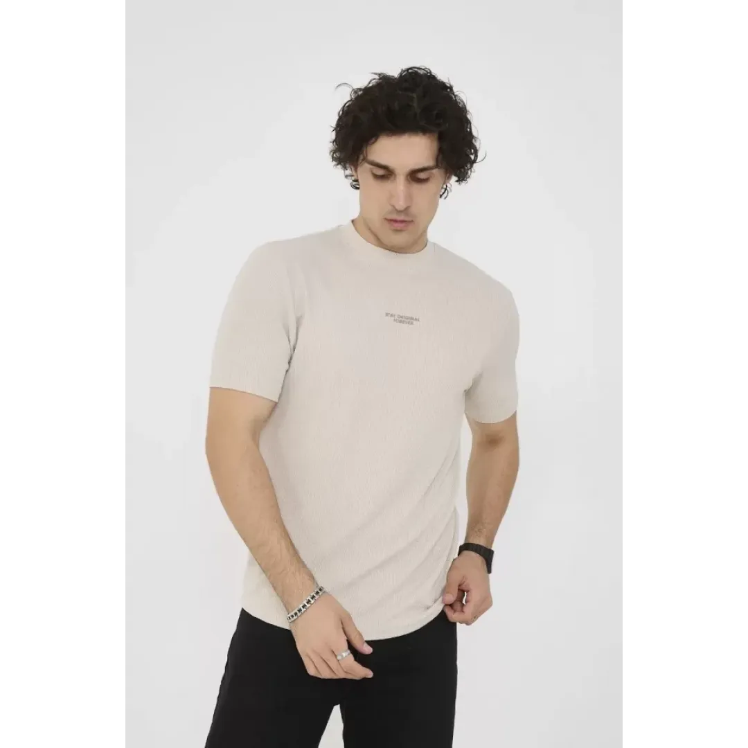 Unisex Bisiklet Yaka Slim Fit T-Shirt- Bej - 101464 Unisex Bisiklet Yaka Slim Fit T-Shirt- Bej - 101464