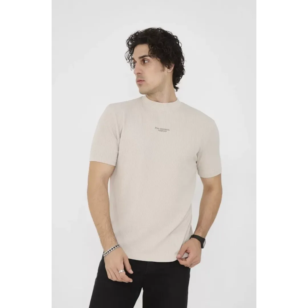 Unisex Bisiklet Yaka Slim Fit T-Shirt- Bej - 101464 Unisex Bisiklet Yaka Slim Fit T-Shirt- Bej - 101464