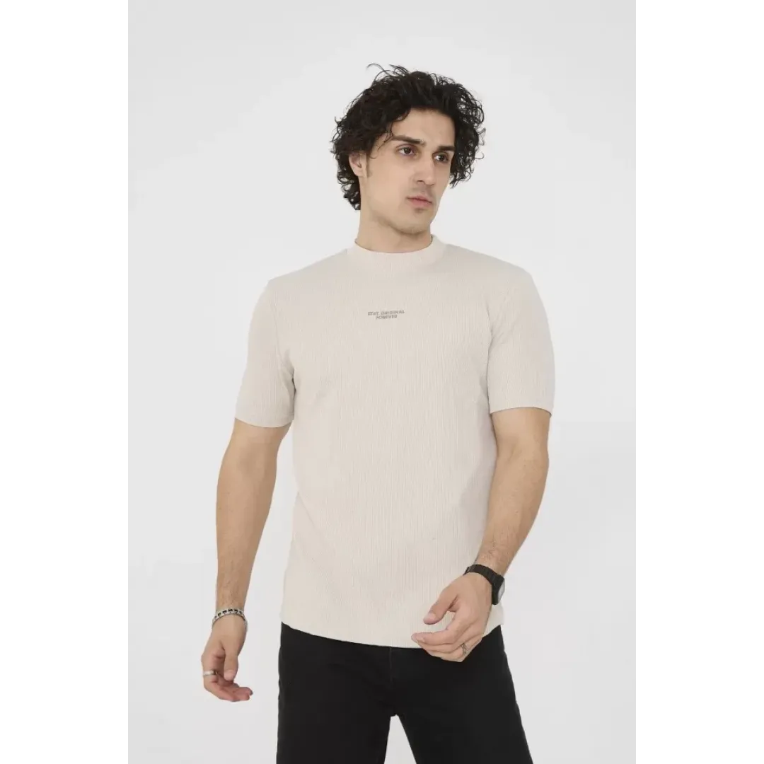 Unisex Bisiklet Yaka Slim Fit T-Shirt- Bej - 101464 Unisex Bisiklet Yaka Slim Fit T-Shirt- Bej - 101464