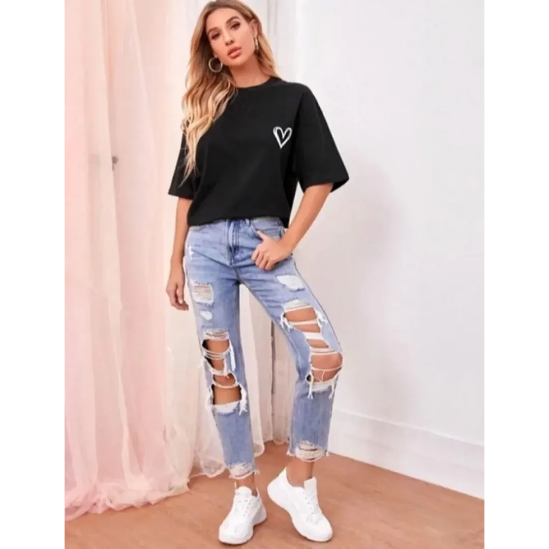 Bisiklet Yaka Baskılı Oversize T-Shirt - Siyah - 101465 Bisiklet Yaka Baskılı Oversize T-Shirt - Siyah - 101465
