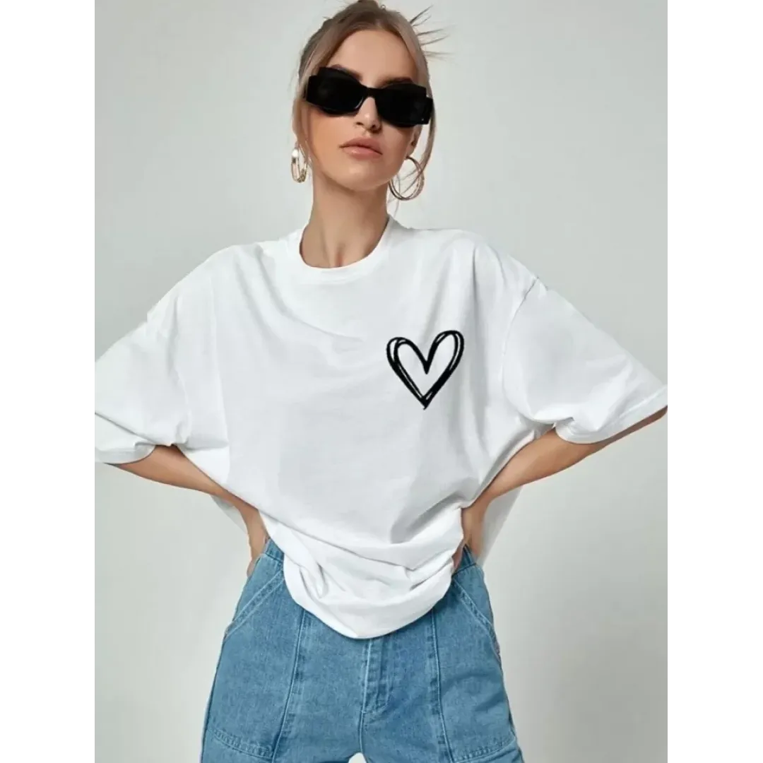 Bisiklet Yaka Baskılı Oversize T-Shirt - Beyaz - 101466 Bisiklet Yaka Baskılı Oversize T-Shirt - Beyaz - 101466