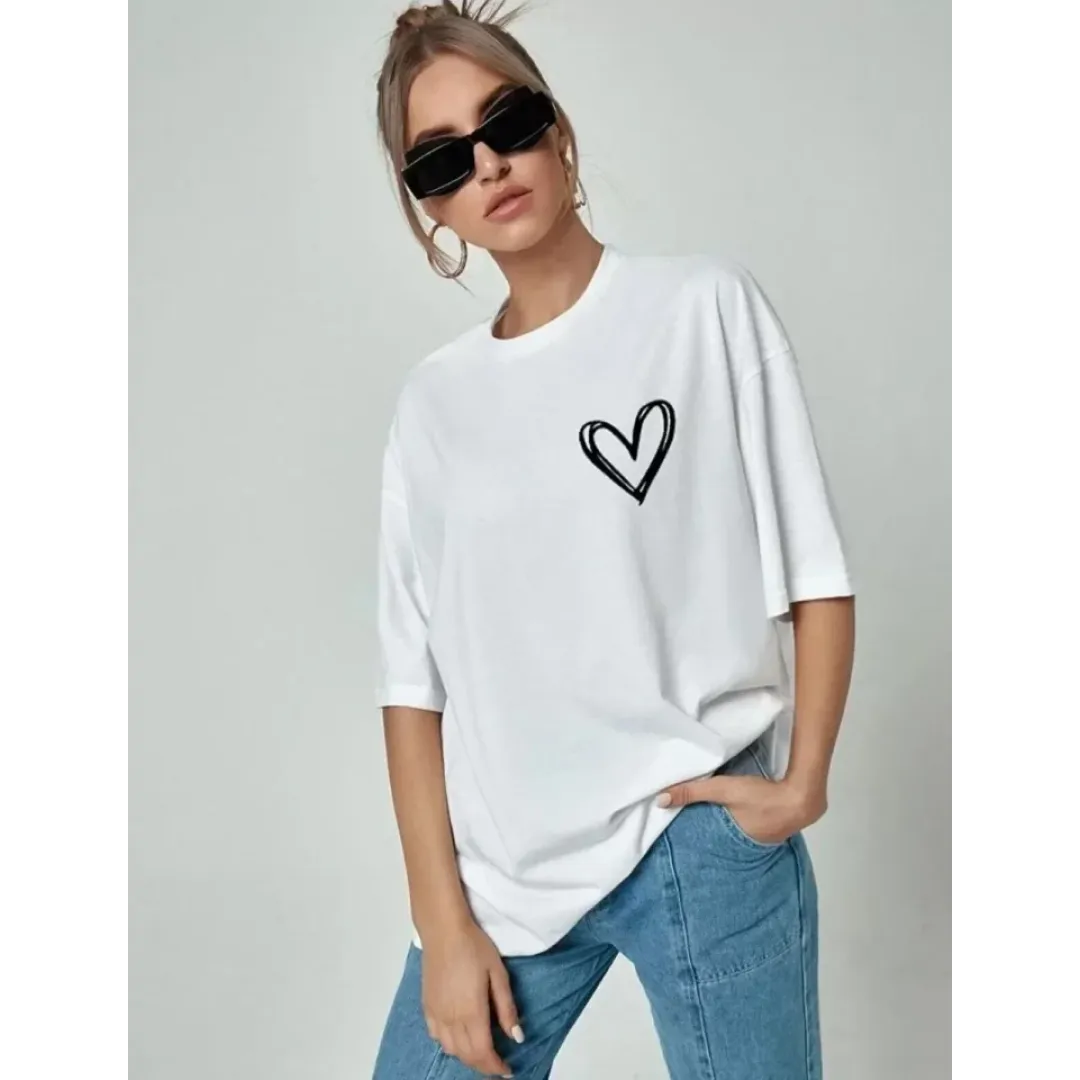 Bisiklet Yaka Baskılı Oversize T-Shirt - Beyaz - 101466 Bisiklet Yaka Baskılı Oversize T-Shirt - Beyaz - 101466