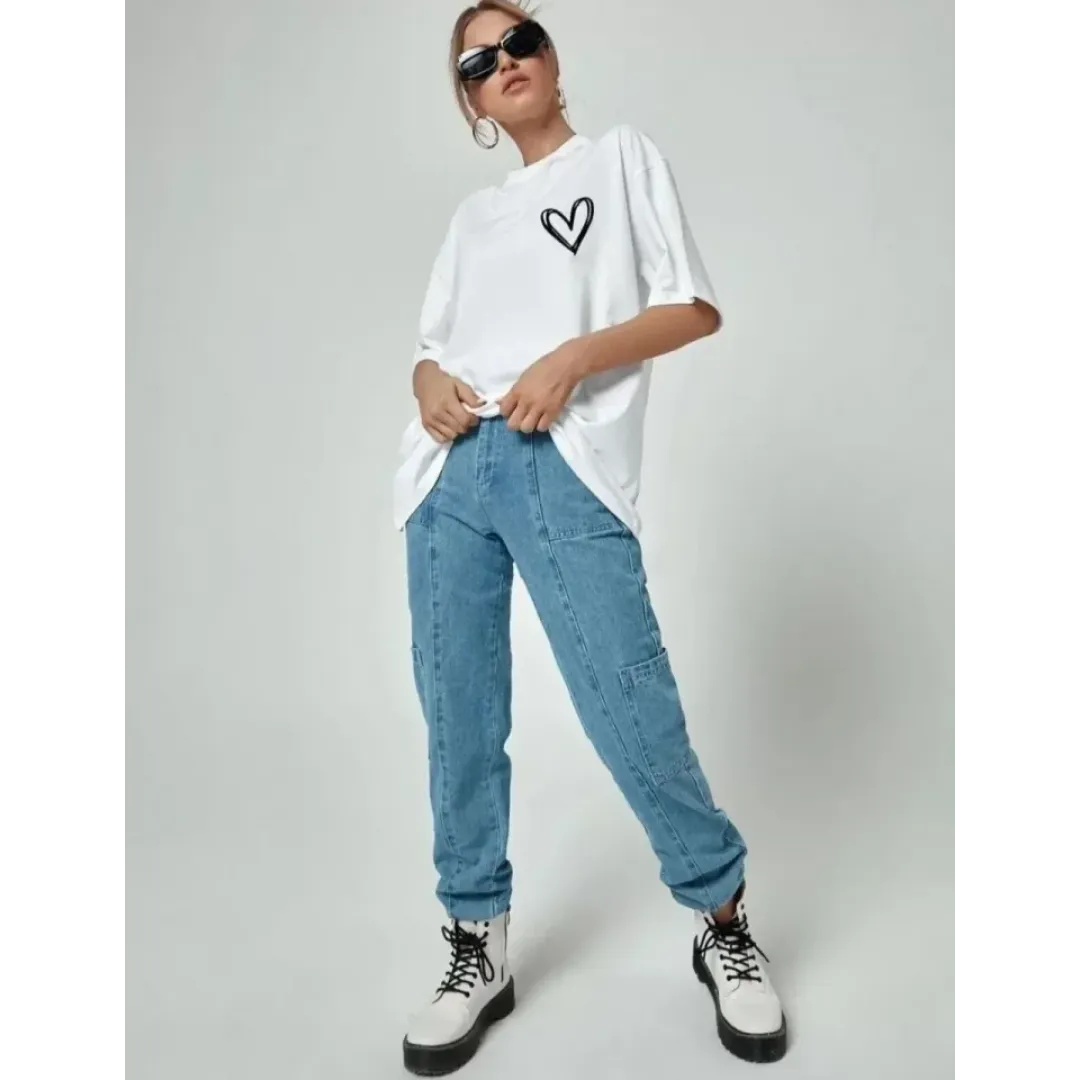 Bisiklet Yaka Baskılı Oversize T-Shirt - Beyaz - 101466 Bisiklet Yaka Baskılı Oversize T-Shirt - Beyaz - 101466