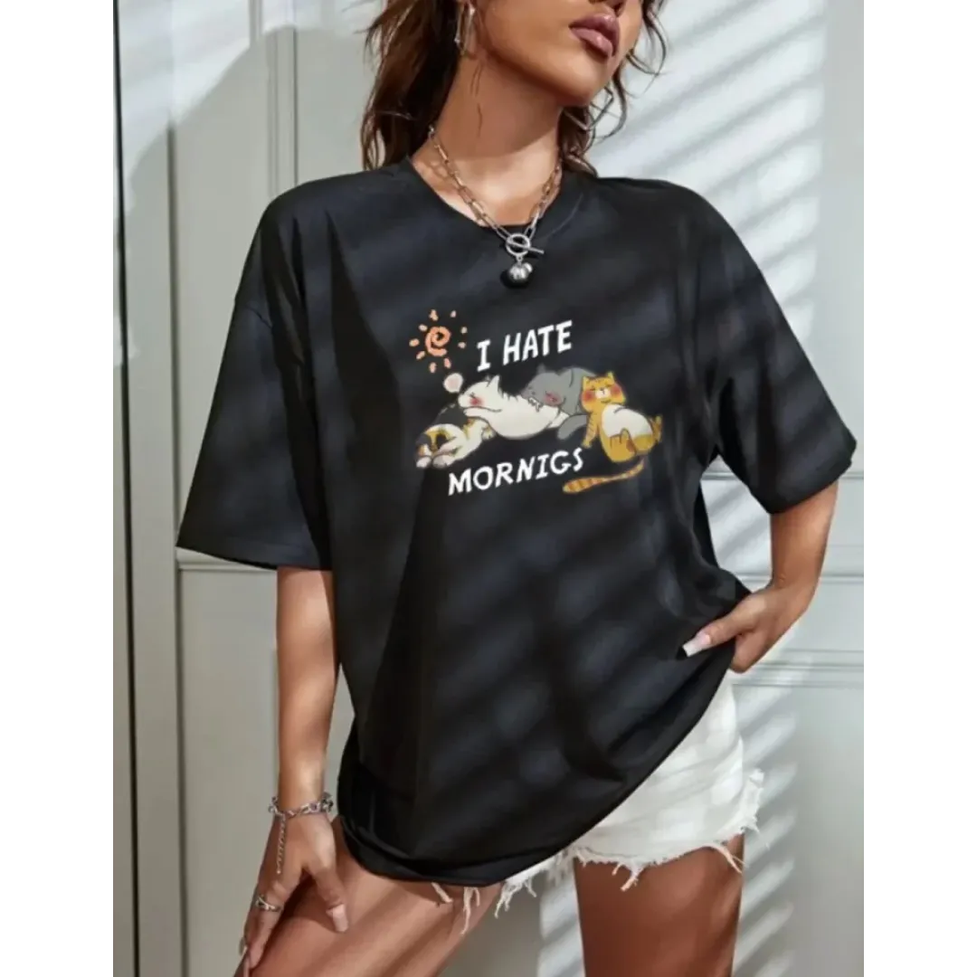 Bisiklet Yaka Baskılı Oversize T-Shirt - Siyah - 101468 Bisiklet Yaka Baskılı Oversize T-Shirt - Siyah - 101468