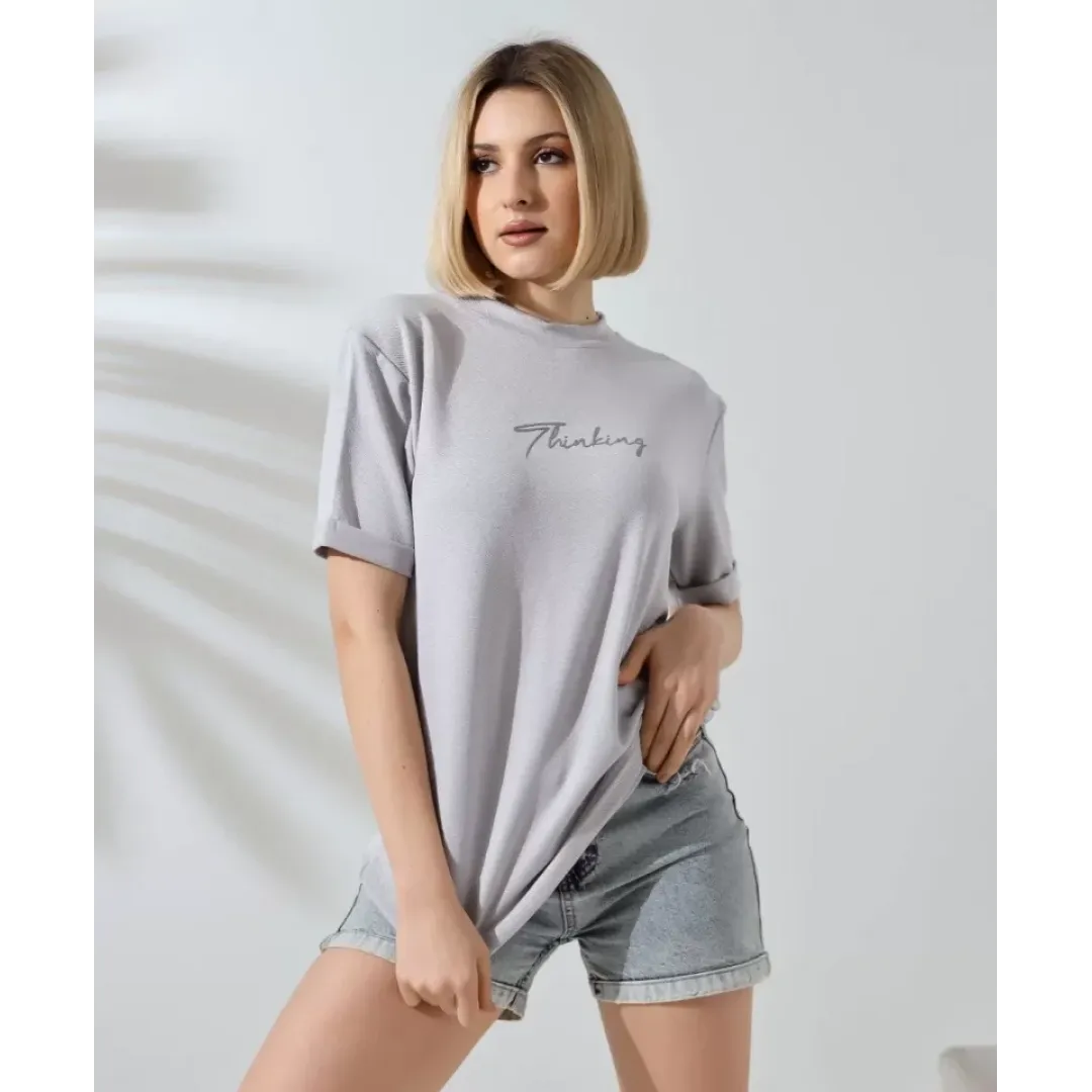 Unisex Bisiklet Yaka Baskılı Slim Fit T-Shirt - Boyalı Gri - 101474 Unisex Bisiklet Yaka Baskılı Slim Fit T-Shirt - Boyalı Gri - 101474