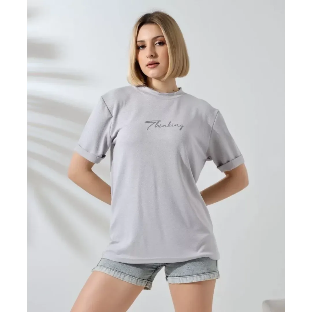 Unisex Bisiklet Yaka Baskılı Slim Fit T-Shirt - Boyalı Gri - 101474 Unisex Bisiklet Yaka Baskılı Slim Fit T-Shirt - Boyalı Gri - 101474