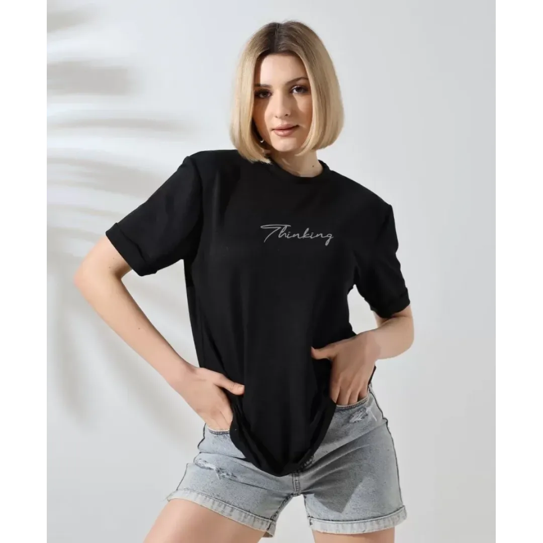 Unisex Bisiklet Yaka Baskılı Slim Fit T-Shirt - Siyah - 101475 Unisex Bisiklet Yaka Baskılı Slim Fit T-Shirt - Siyah - 101475