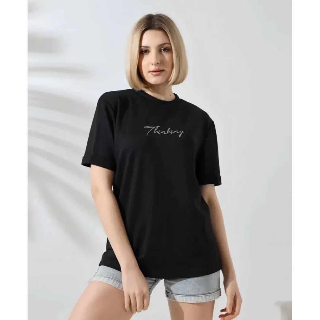 Unisex Bisiklet Yaka Baskılı Slim Fit T-Shirt - Siyah - 101475 Unisex Bisiklet Yaka Baskılı Slim Fit T-Shirt - Siyah - 101475