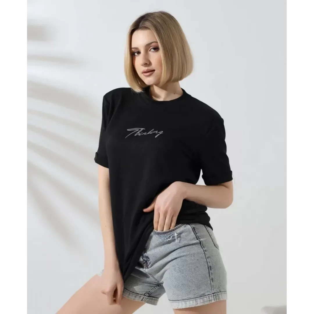 Unisex Bisiklet Yaka Baskılı Slim Fit T-Shirt - Siyah - 101475 Unisex Bisiklet Yaka Baskılı Slim Fit T-Shirt - Siyah - 101475