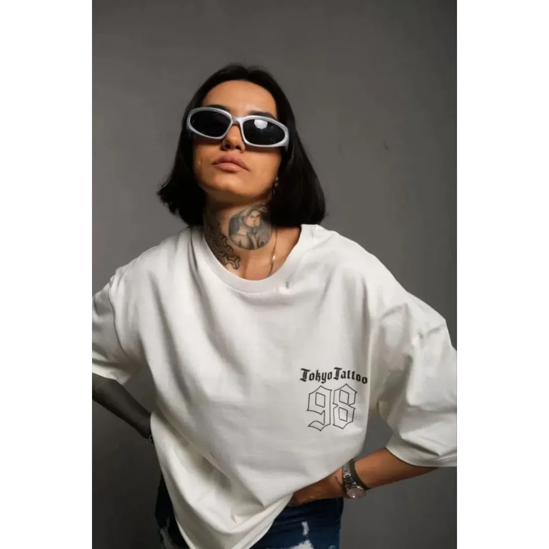 Unisex Bisiklet Yaka Baskılı Oversize T-Shirt - Beyaz - 102302 Unisex Bisiklet Yaka Baskılı Oversize T-Shirt - Beyaz - 102302