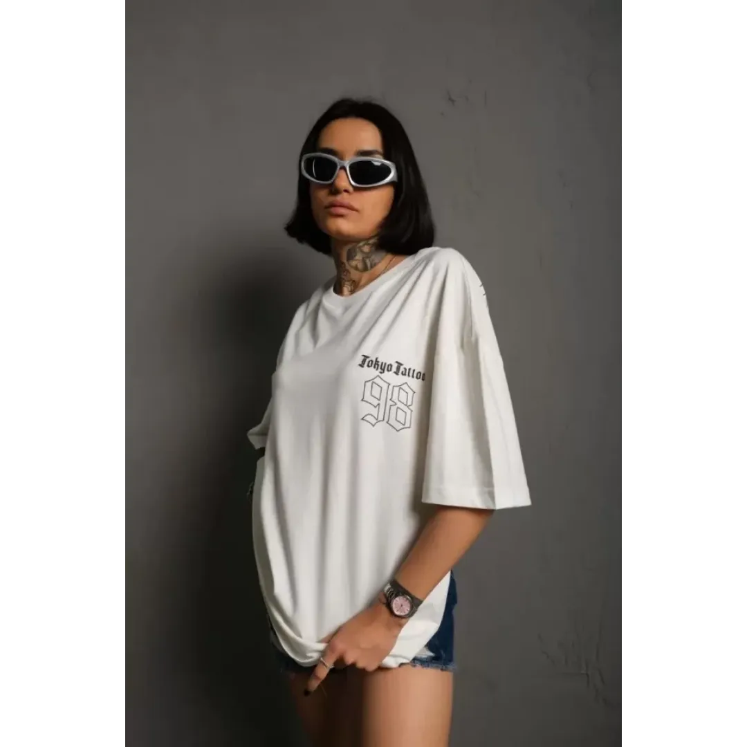 Unisex Bisiklet Yaka Baskılı Oversize T-Shirt - Beyaz - 102302 Unisex Bisiklet Yaka Baskılı Oversize T-Shirt - Beyaz - 102302