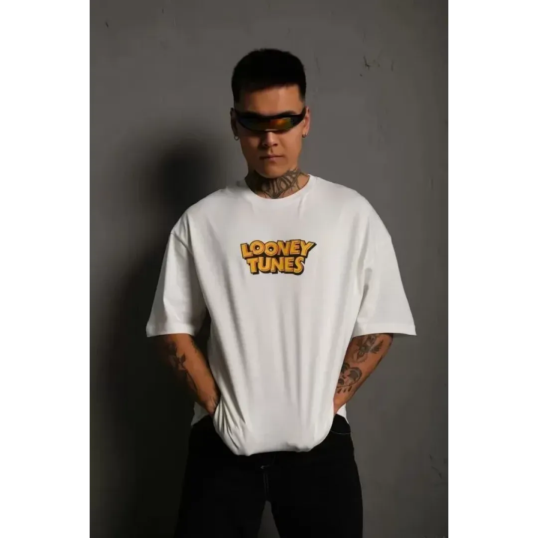 Unisex Bisiklet Yaka Baskılı Oversize T-Shirt - Beyaz - 102324