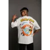 Unisex Bisiklet Yaka Baskılı Oversize T-Shirt - Beyaz - 102324