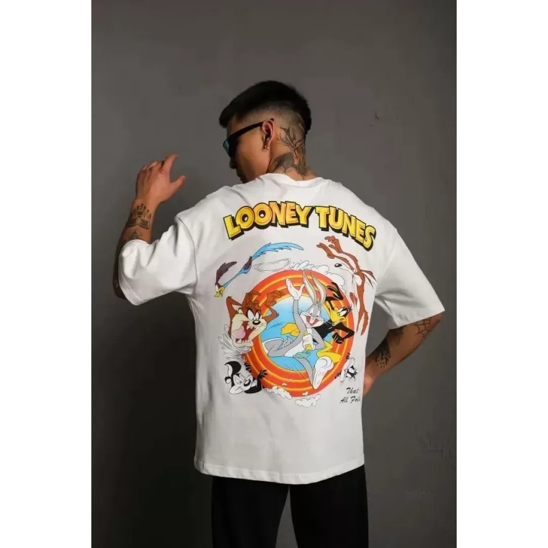Unisex Bisiklet Yaka Baskılı Oversize T-Shirt - Beyaz - 102324