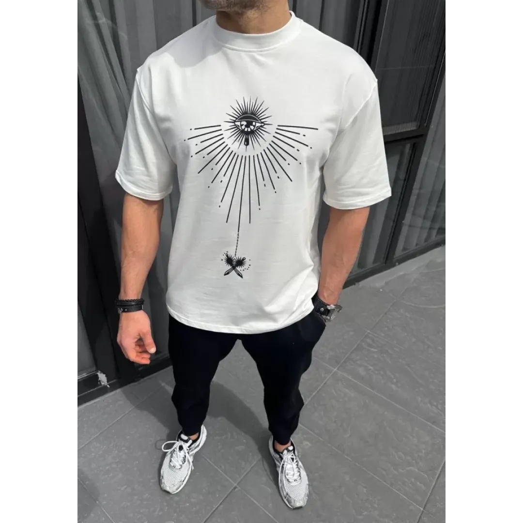Unisex Bisiklet Yaka Baskılı Oversize T-Shirt - Beyaz - 102330 Unisex Bisiklet Yaka Baskılı Oversize T-Shirt - Beyaz - 102330