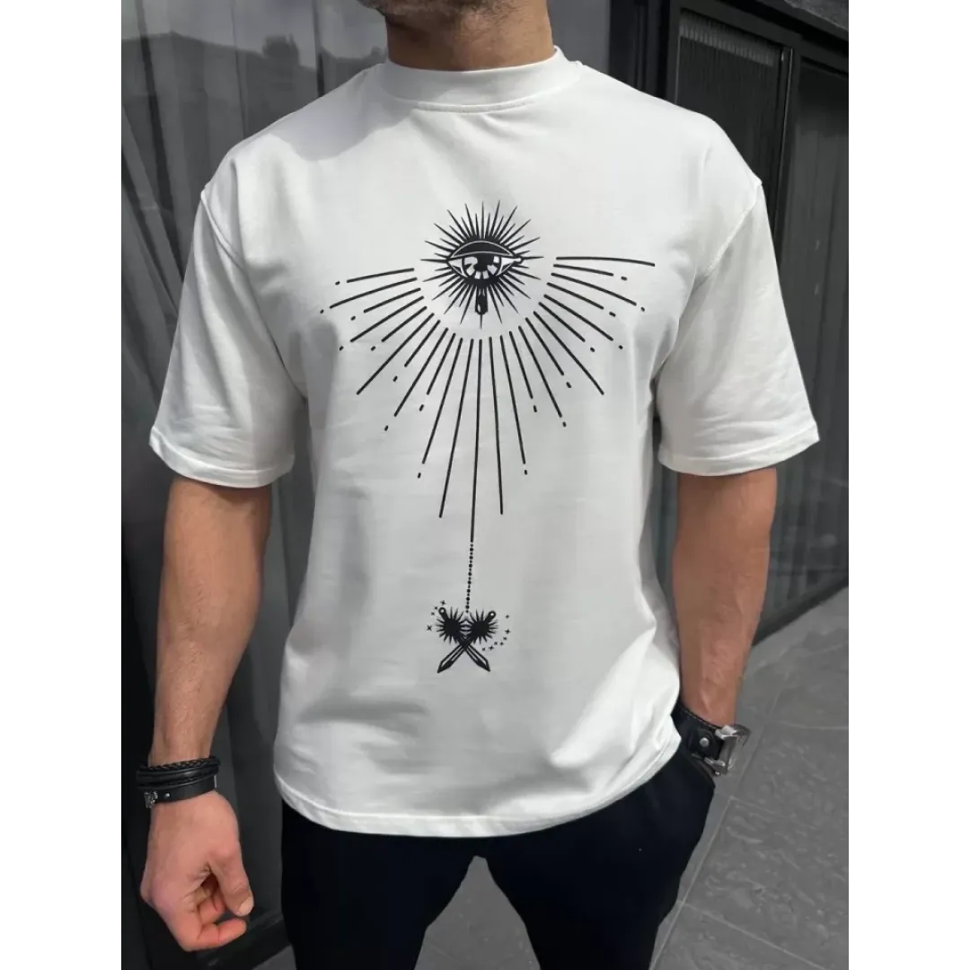 Unisex Bisiklet Yaka Baskılı Oversize T-Shirt - Beyaz - 102330 Unisex Bisiklet Yaka Baskılı Oversize T-Shirt - Beyaz - 102330