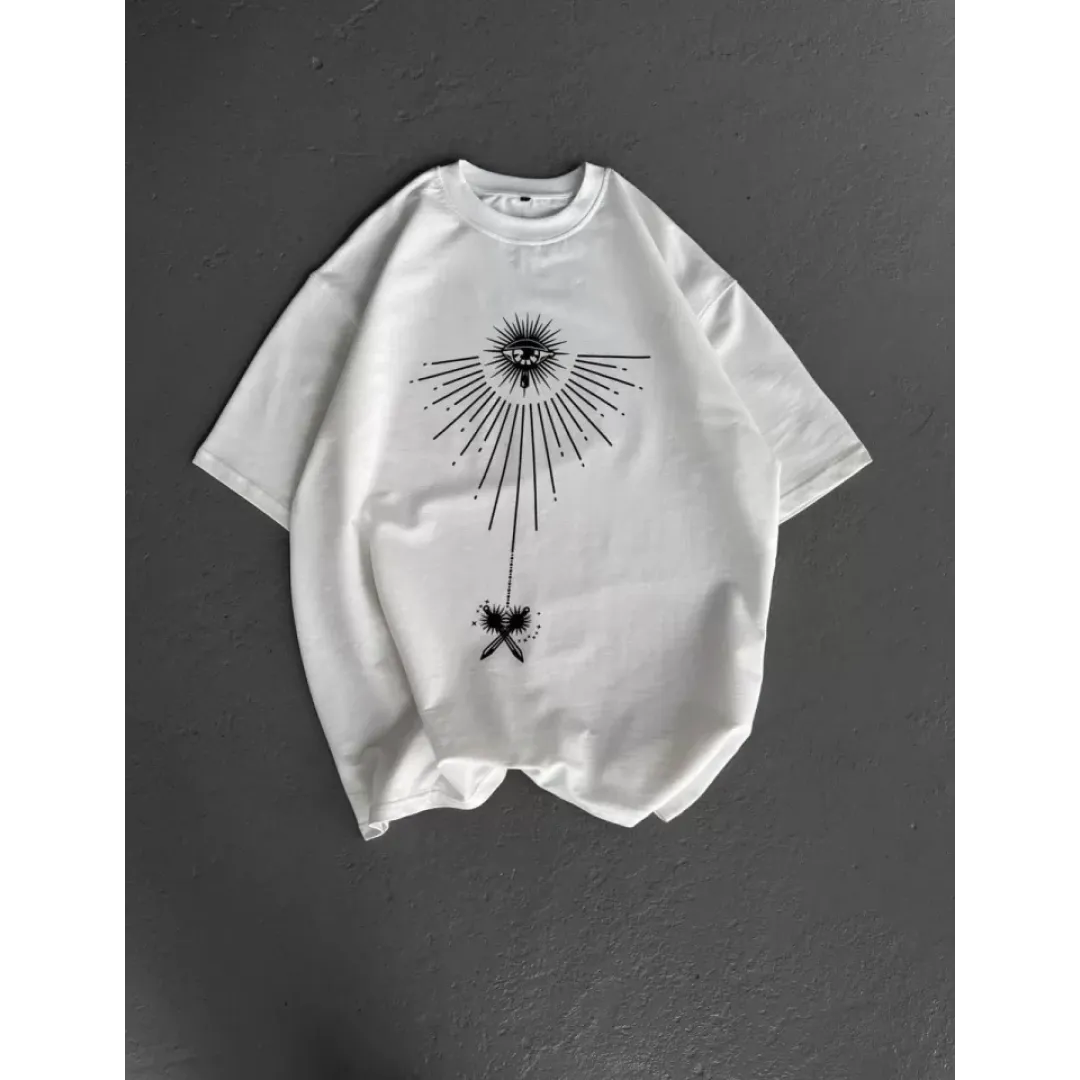 Unisex Bisiklet Yaka Baskılı Oversize T-Shirt - Beyaz - 102330 Unisex Bisiklet Yaka Baskılı Oversize T-Shirt - Beyaz - 102330