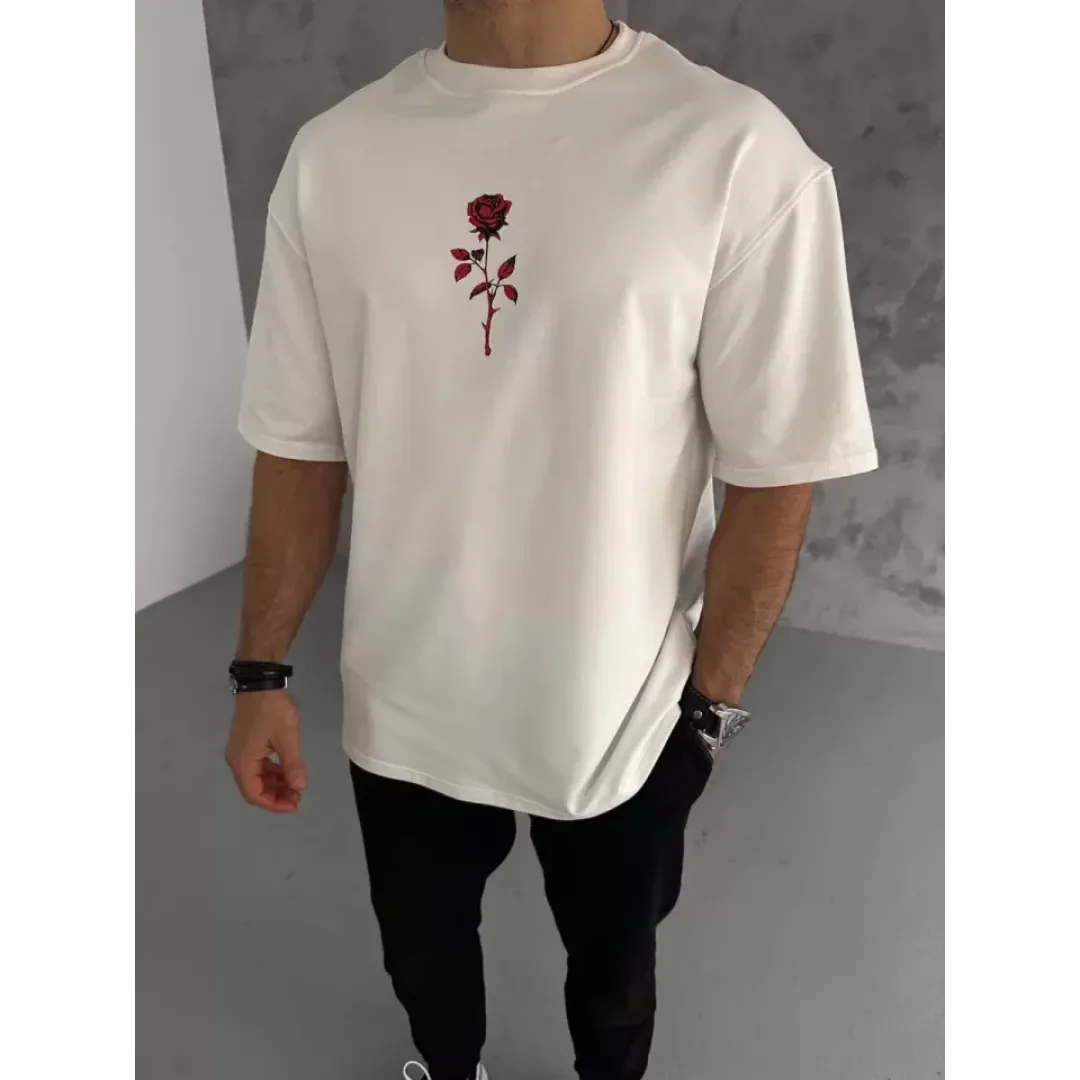Unisex Bisiklet Yaka Baskılı Oversize T-Shirt - Beyaz - 102332 Unisex Bisiklet Yaka Baskılı Oversize T-Shirt - Beyaz - 102332