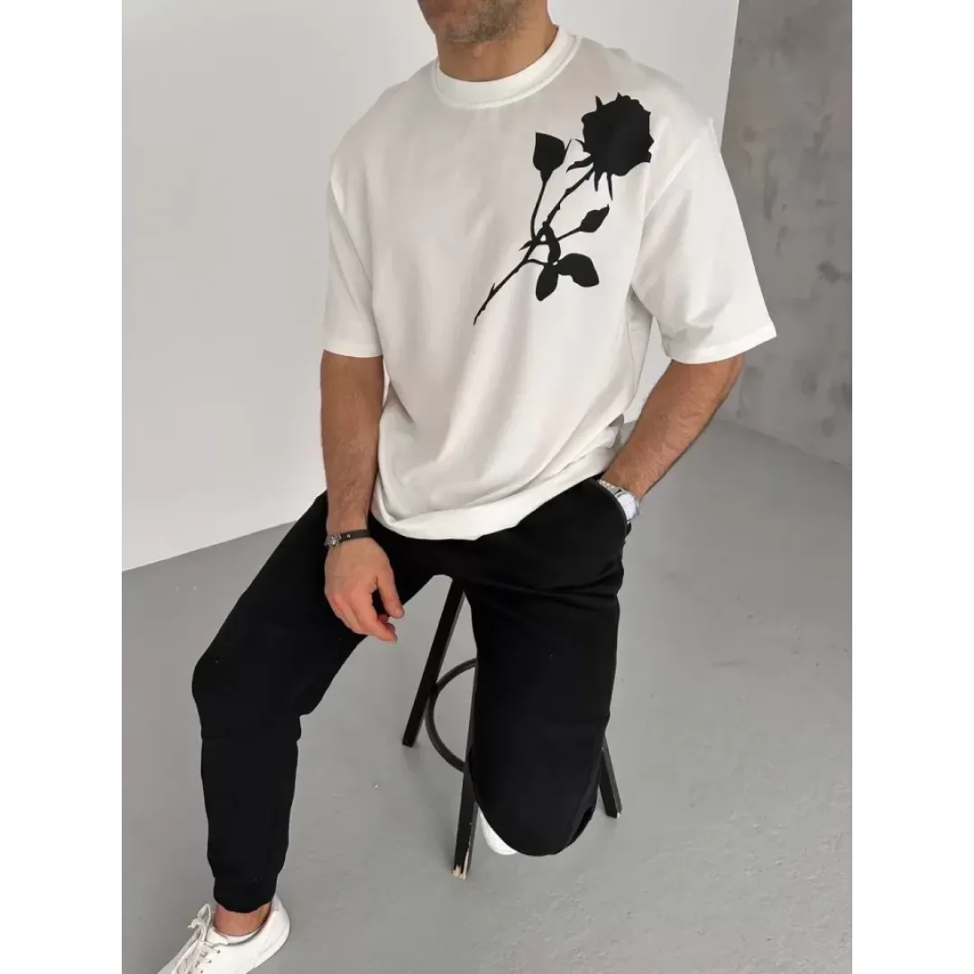 Unisex Bisiklet Yaka Baskılı Oversize T-Shirt - Beyaz - 102334 Unisex Bisiklet Yaka Baskılı Oversize T-Shirt - Beyaz - 102334
