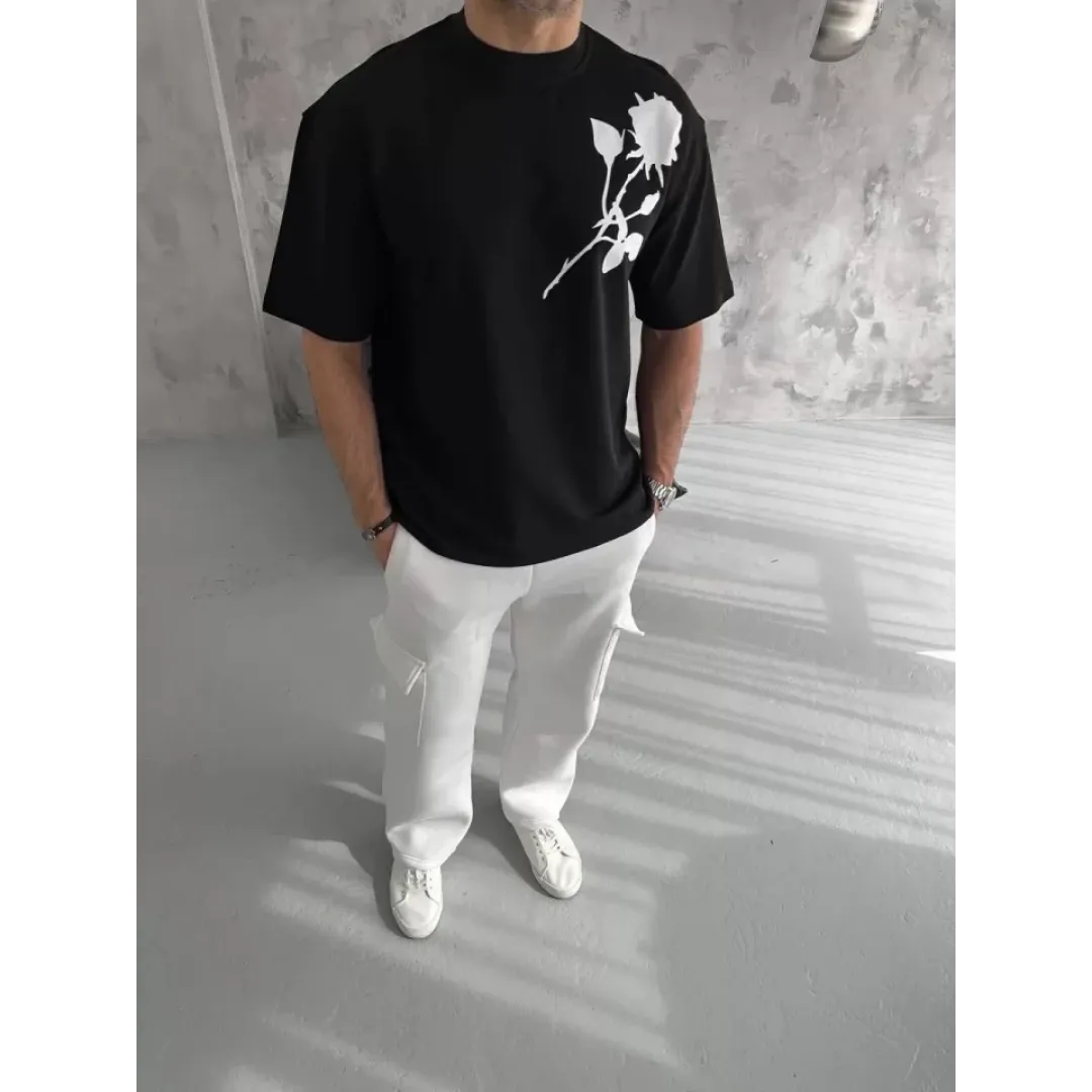 Unisex Bisiklet Yaka Baskılı Oversize T-Shirt - Siyah - 102335 Unisex Bisiklet Yaka Baskılı Oversize T-Shirt - Siyah - 102335
