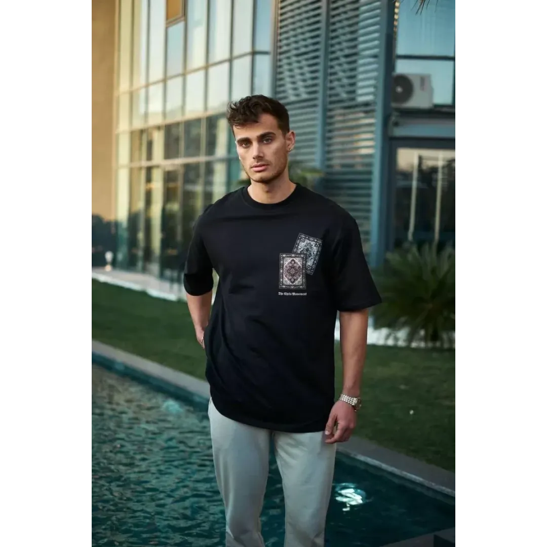 Unisex Bisiklet Yaka Baskılı Oversize T-Shirt - Siyah - 102342 Unisex Bisiklet Yaka Baskılı Oversize T-Shirt - Siyah - 102342