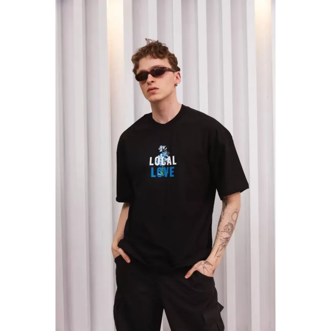 Unisex Bisiklet Yaka Baskılı Oversize T-Shirt - Siyah - 102347 Unisex Bisiklet Yaka Baskılı Oversize T-Shirt - Siyah - 102347