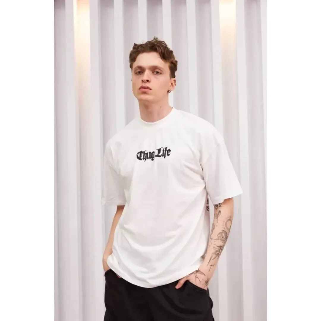 Unisex Bisiklet Yaka Baskılı Oversize T-Shirt - Beyaz - 102348