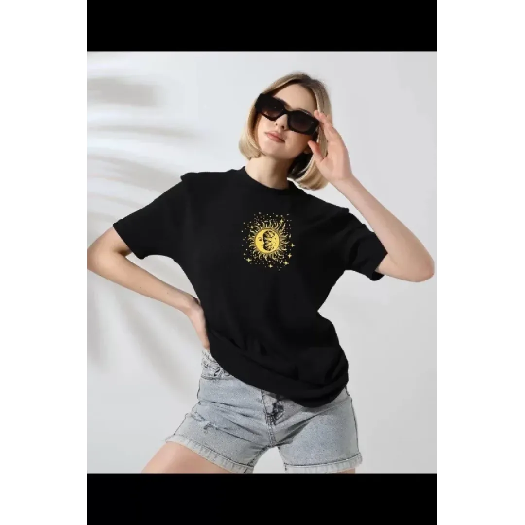 Unisex Bisiklet Yaka Baskılı T-Shirt - Siyah