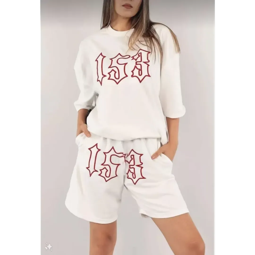 Unisex Nakış İşlemeli Şort Takım - Beyaz - 102368 Unisex Nakış İşlemeli Şort Takım - Beyaz - 102368