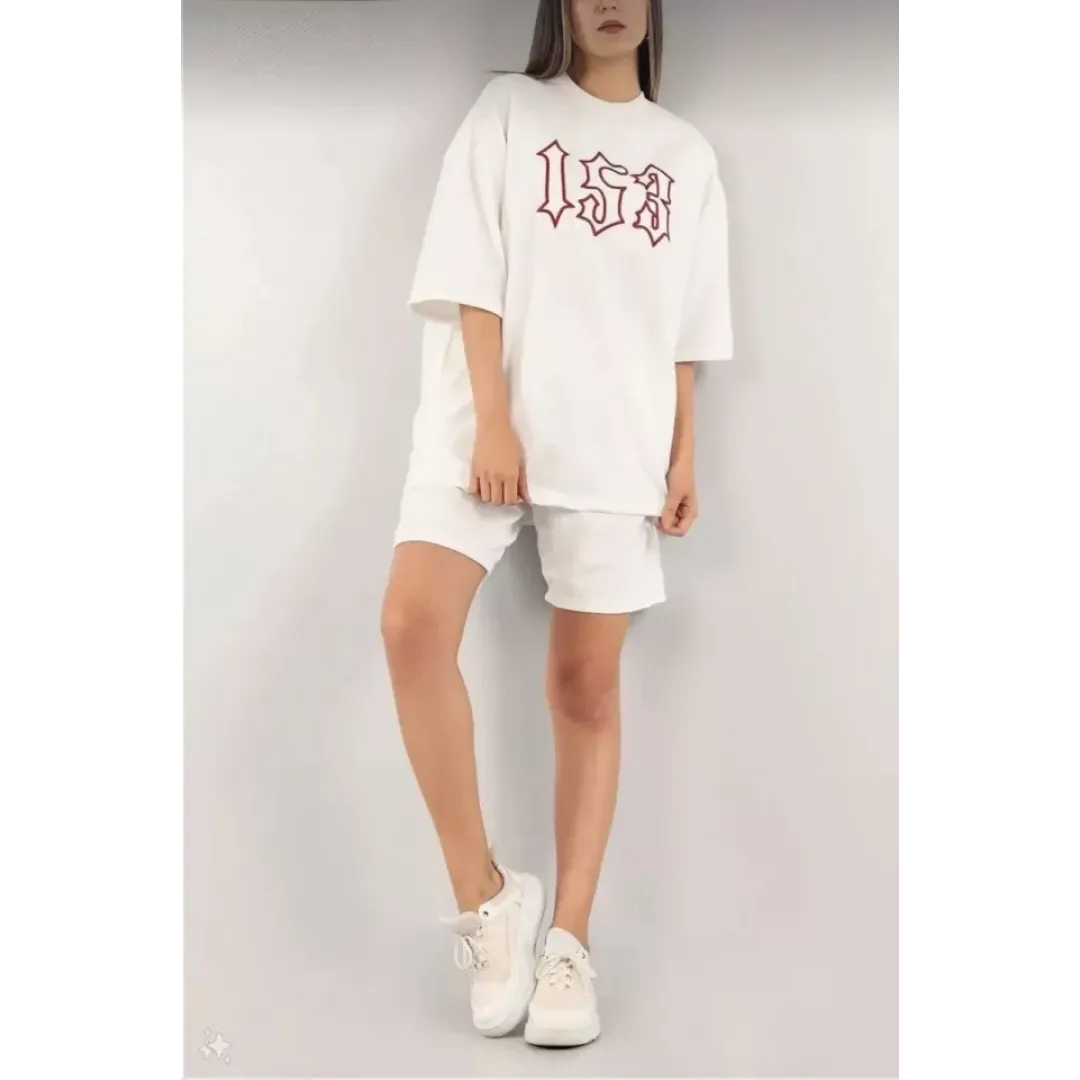 Unisex Nakış İşlemeli Şort Takım - Beyaz - 102368 Unisex Nakış İşlemeli Şort Takım - Beyaz - 102368