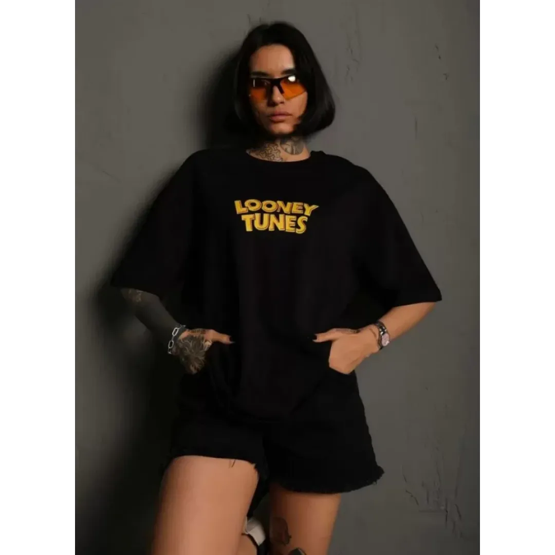 Unisex Bisiklet Yaka Baskılı Oversize T-Shirt - Siyah - 102372 Unisex Bisiklet Yaka Baskılı Oversize T-Shirt - Siyah - 102372