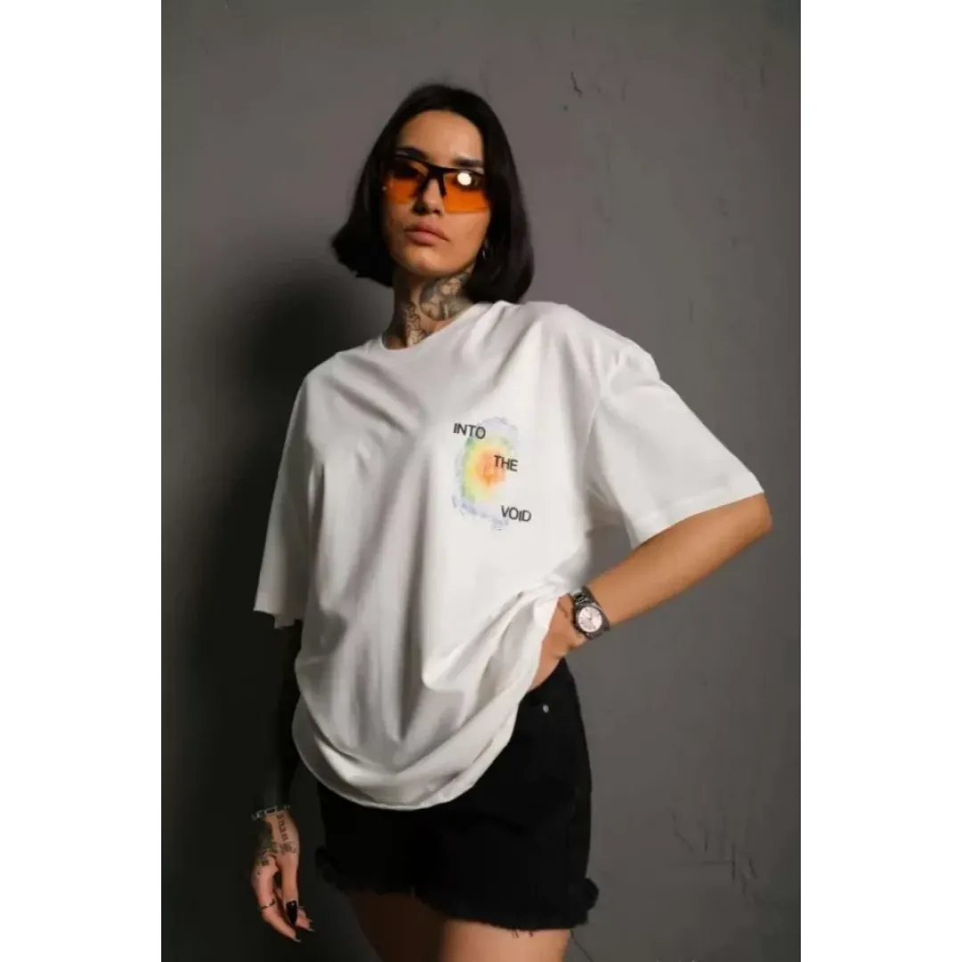 Unisex Bisiklet Yaka Baskılı Oversize T-Shirt - Beyaz - 102523