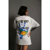 Unisex Bisiklet Yaka Baskılı Oversize T-Shirt - Beyaz - 102523