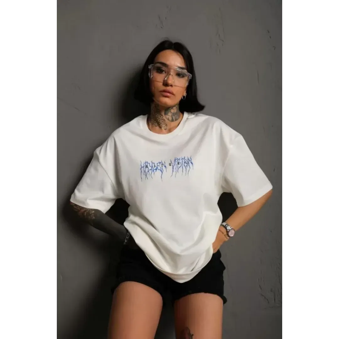 Unisex Bisiklet Yaka Baskılı Oversize T-Shirt - Beyaz