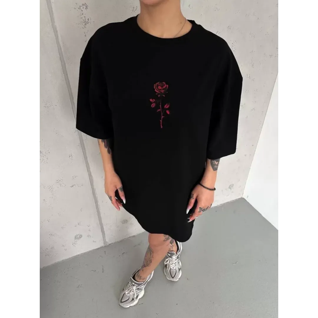 Unisex Bisiklet Yaka Baskılı Oversize T-Shirt - Siyah - 102530