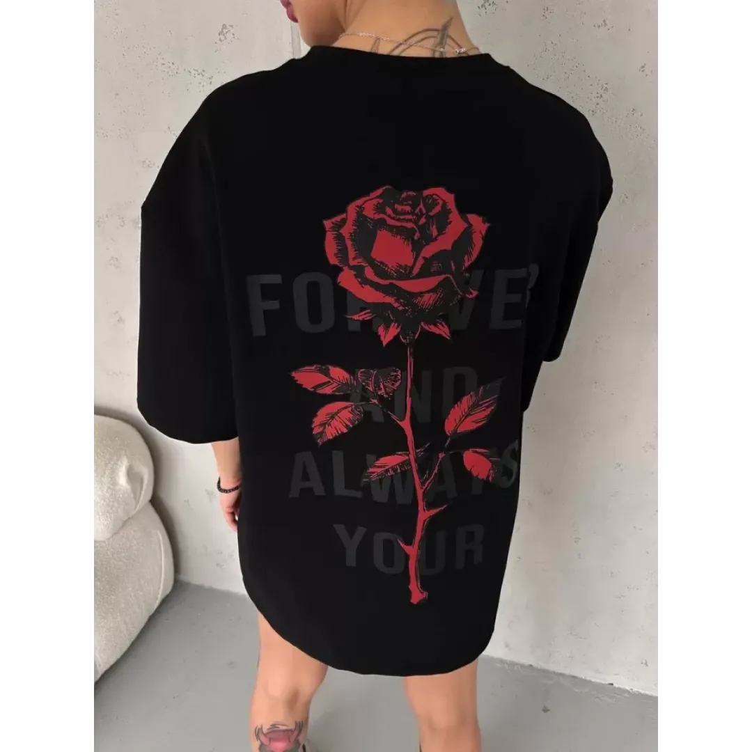 Unisex Bisiklet Yaka Baskılı Oversize T-Shirt - Siyah - 102530