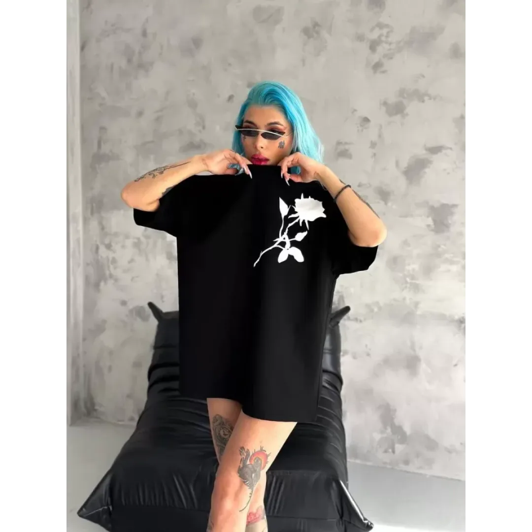 Unisex Bisiklet Yaka Baskılı Oversize T-Shirt - Siyah - 102532 Unisex Bisiklet Yaka Baskılı Oversize T-Shirt - Siyah - 102532