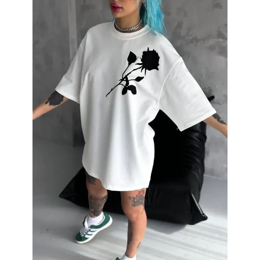 Unisex Bisiklet Yaka Baskılı Oversize T-Shirt - Beyaz - 102533