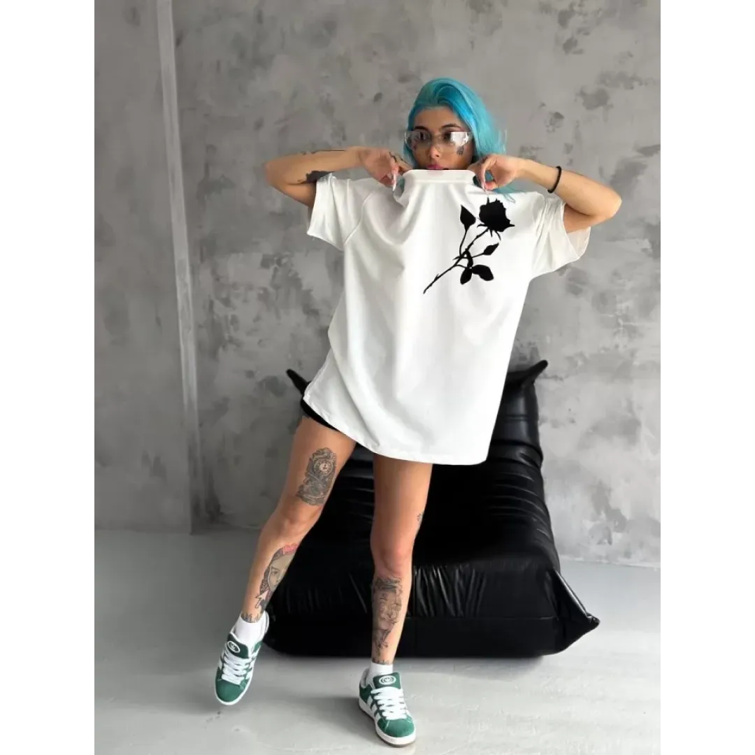 Unisex Bisiklet Yaka Baskılı Oversize T-Shirt - Beyaz - 102533