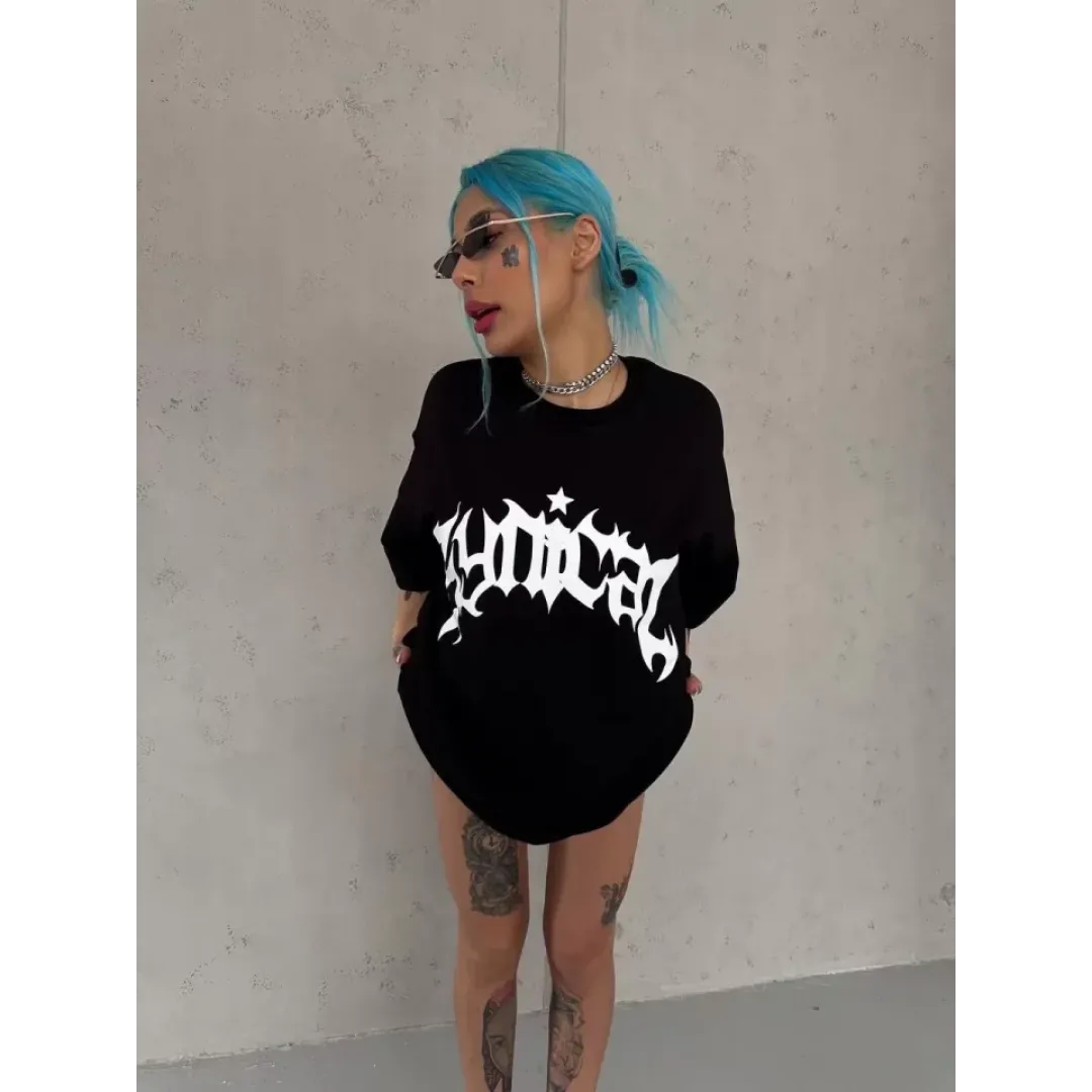 Unisex Bisiklet Yaka Baskılı Oversize T-Shirt - Siyah - 102534 Unisex Bisiklet Yaka Baskılı Oversize T-Shirt - Siyah - 102534