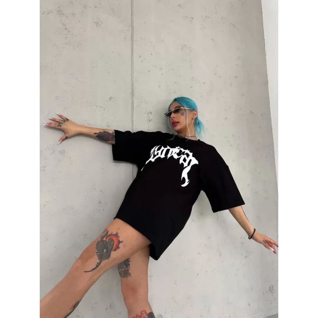 Unisex Bisiklet Yaka Baskılı Oversize T-Shirt - Siyah - 102534 Unisex Bisiklet Yaka Baskılı Oversize T-Shirt - Siyah - 102534