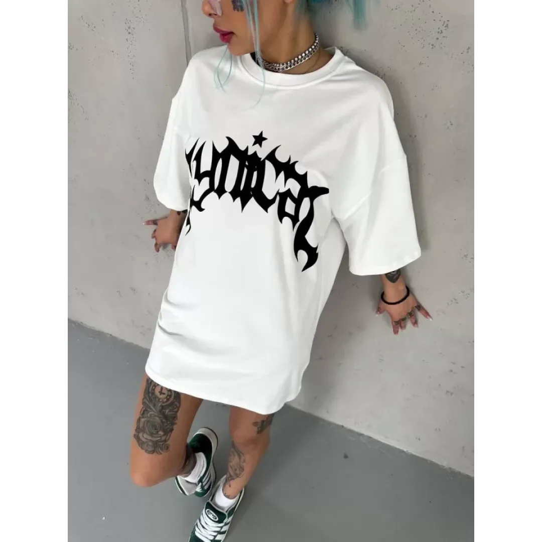 Unisex Bisiklet Yaka Baskılı Oversize T-Shirt - Beyaz - 102535 Unisex Bisiklet Yaka Baskılı Oversize T-Shirt - Beyaz - 102535